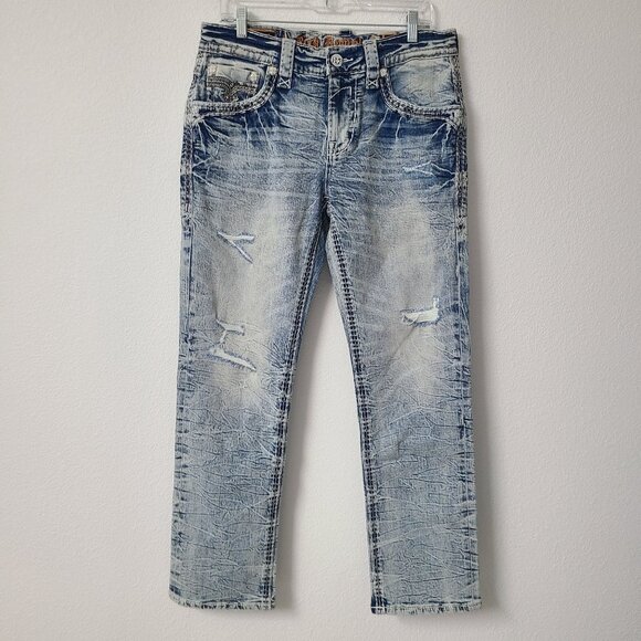 NEW Rock Revival Meyrick Straight Distressed Denim Jeans Size 32x32 Blue - Picture 2 of 5